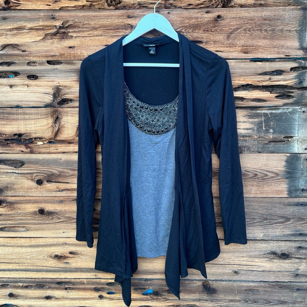 AGB | Black & Gray Embellished 2-in-1 Cardigan Blouse M